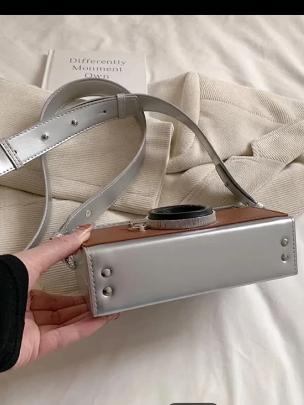Kohl's Retro Camera-Shaped Crossbody Bag in Brown and Silver